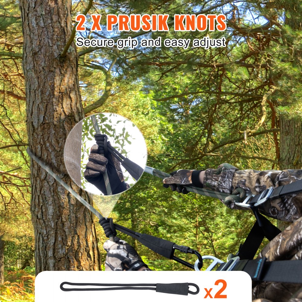 VEVOR Tree Stand Safety Rope, 9 ft/27.43M Treestand Lifeline Rope 30KN Breaking Tension, 0.6'' Hunting Safety Line with Prusik Knot, 2pcs Carabiner and Silencer, for Treestrap and Climbing 