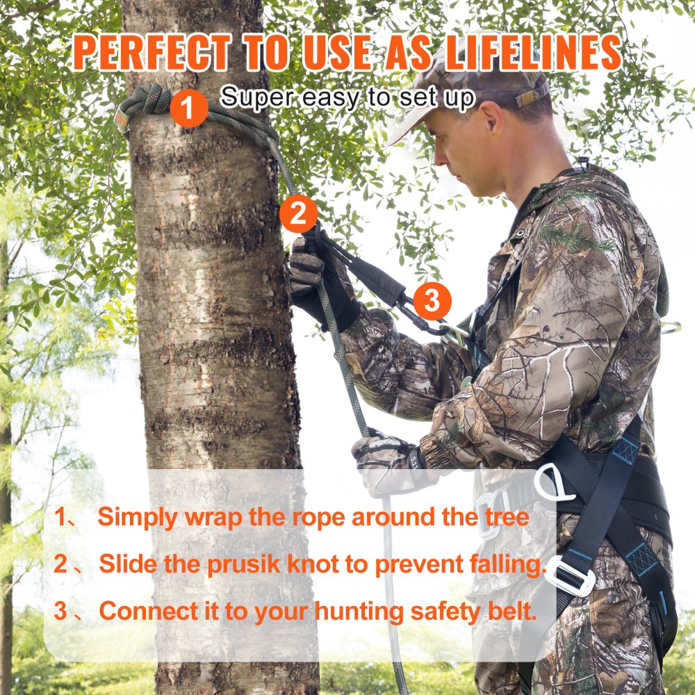 VEVOR Tree Stand Safety Rope, 9 ft/27.43M Treestand Lifeline Rope 30KN Breaking Tension, 0.6'' Hunting Safety Line with Prusik Knot, 2pcs Carabiner and Silencer, for Treestrap and Climbing 