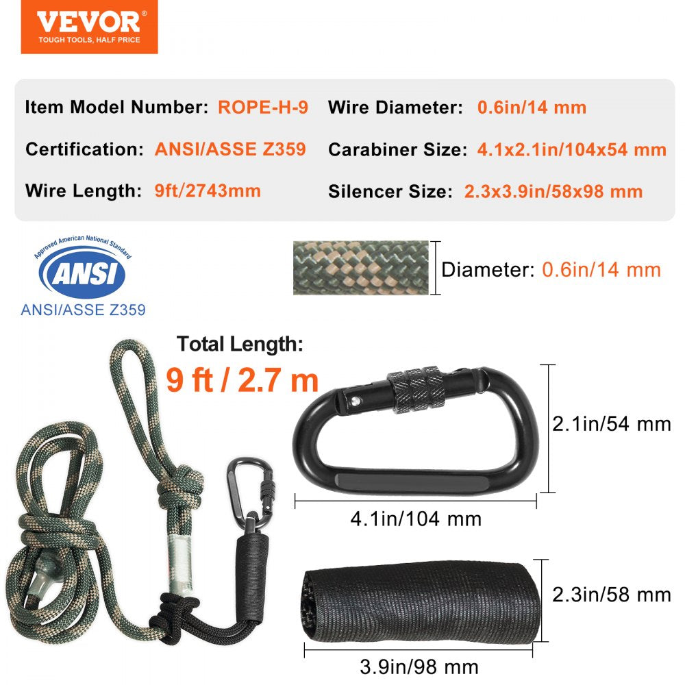 VEVOR Tree Stand Safety Rope, 9 ft/27.43M Treestand Lifeline Rope 30KN Breaking Tension, 0.6'' Hunting Safety Line with Prusik Knot, 2pcs Carabiner and Silencer, for Treestrap and Climbing 