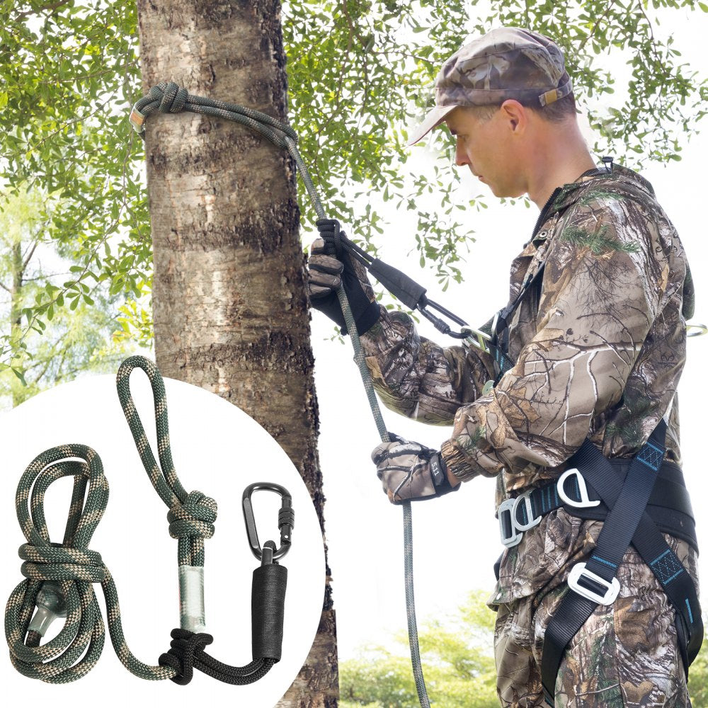 VEVOR Tree Stand Safety Rope, 9 ft/27.43M Treestand Lifeline Rope 30KN Breaking Tension, 0.6'' Hunting Safety Line with Prusik Knot, 2pcs Carabiner and Silencer, for Treestrap and Climbing 