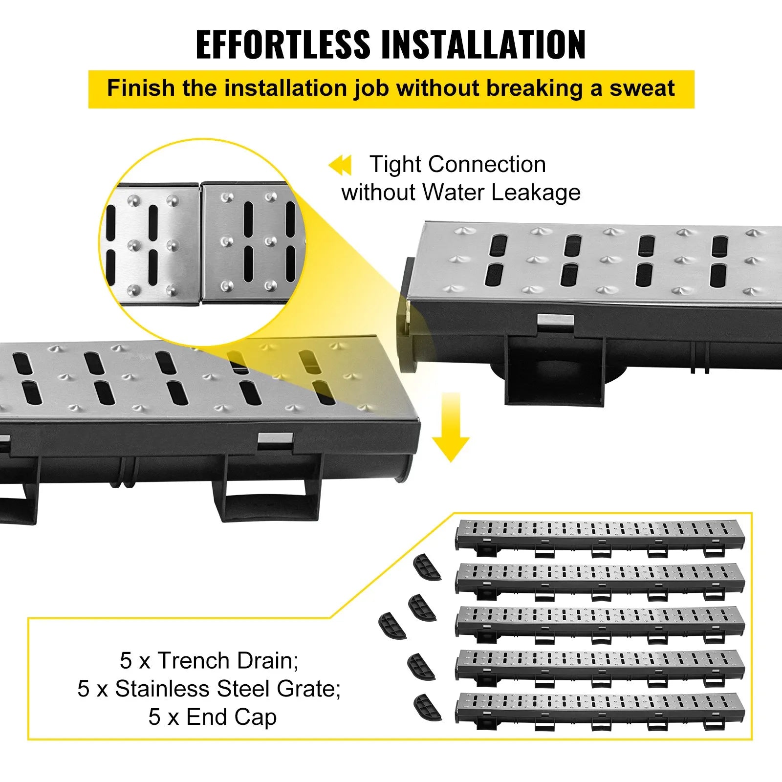 VEVOR Trench Drain System, Channel Drain with Metal Grate, 5.8x3.1-Inch HDPE Drainage Trench, Black Plastic Garage Floor Drain, 5x39" Trench Drain Grate, With 5 End Caps, For Garden, Driveway-5 Pack