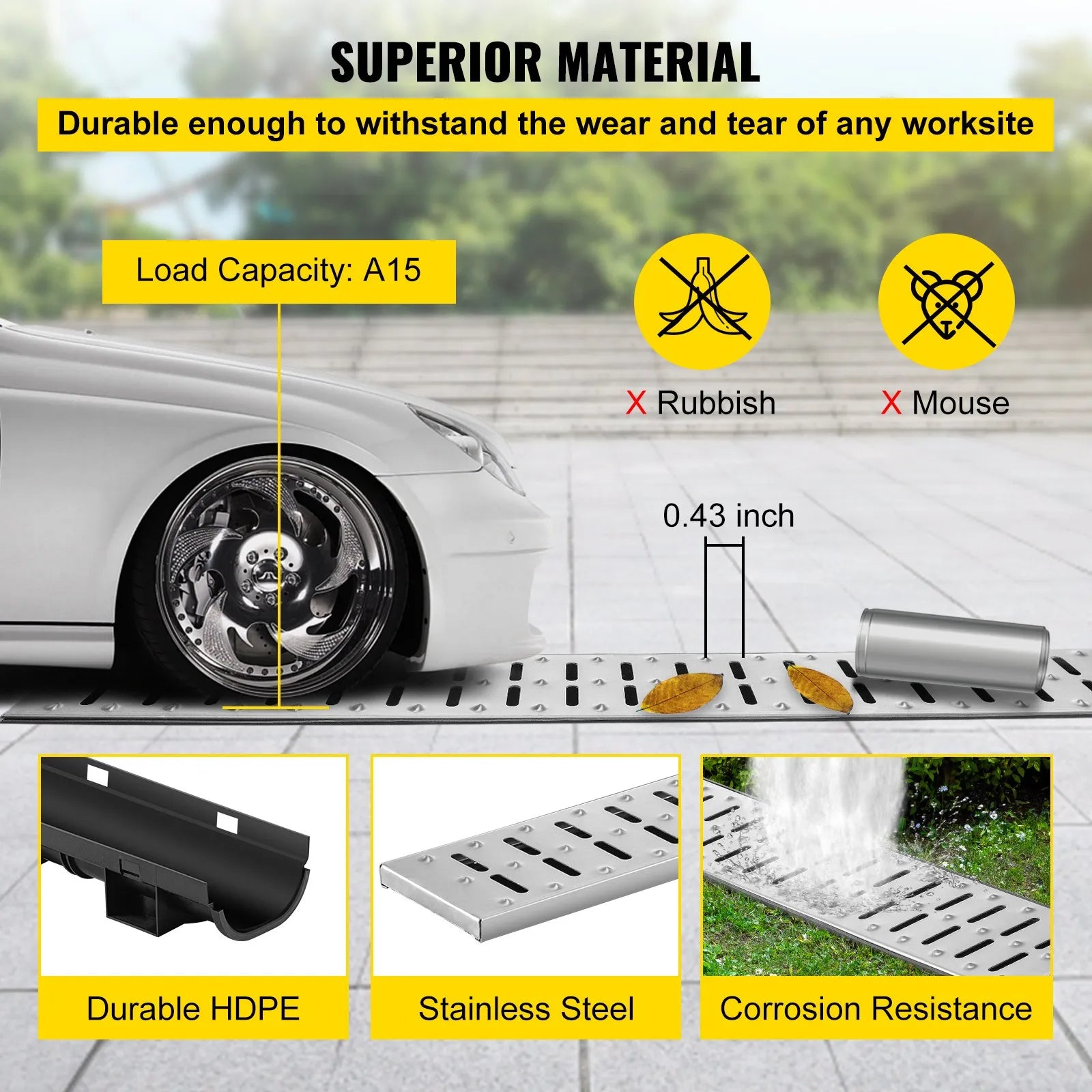 VEVOR Trench Drain System, Channel Drain with Metal Grate, 5.8x3.1-Inch HDPE Drainage Trench, Black Plastic Garage Floor Drain, 5x39" Trench Drain Grate, With 5 End Caps, For Garden, Driveway-5 Pack