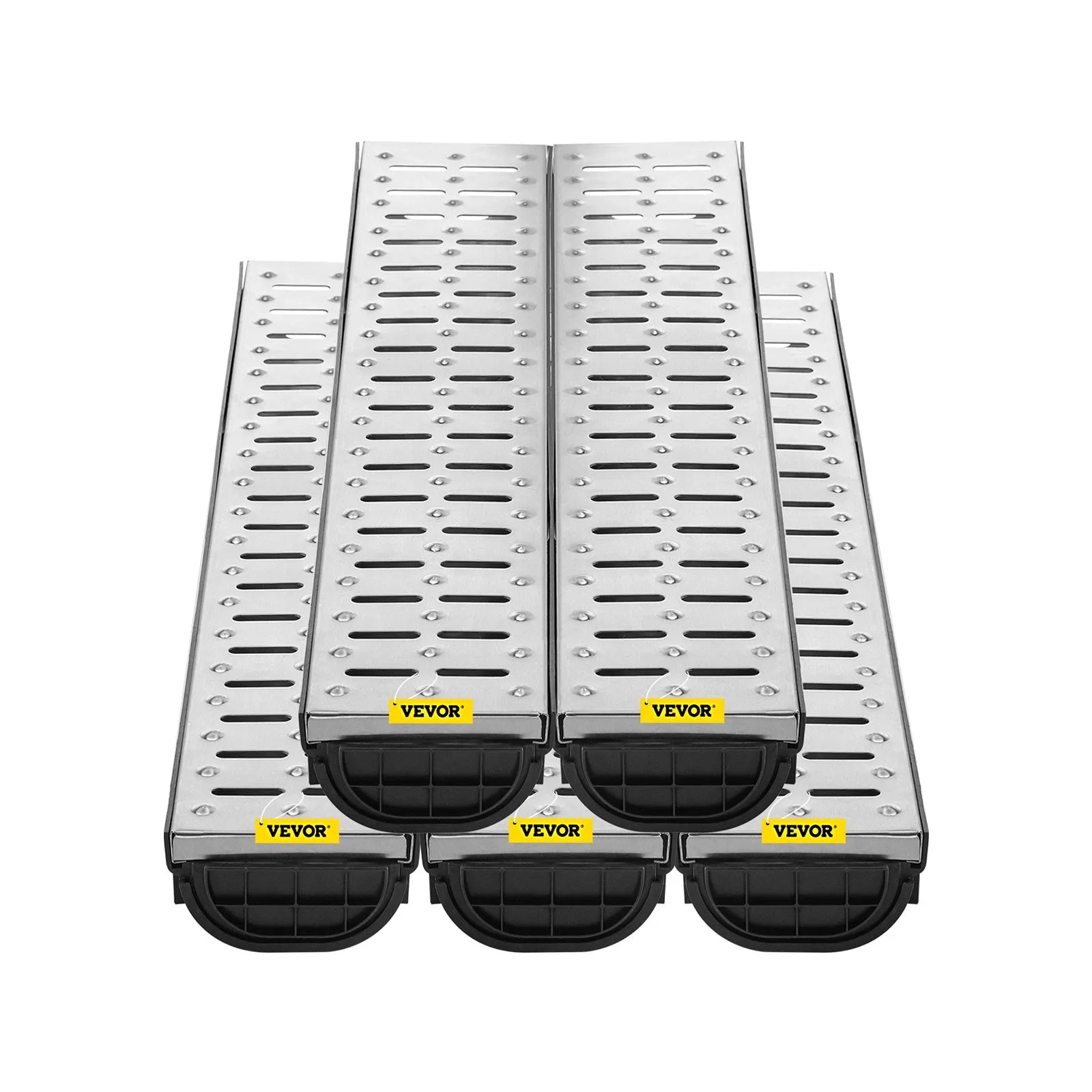 VEVOR Trench Drain System, Channel Drain with Metal Grate, 5.8x3.1-Inch HDPE Drainage Trench, Black Plastic Garage Floor Drain, 5x39" Trench Drain Grate, With 5 End Caps, For Garden, Driveway-5 Pack