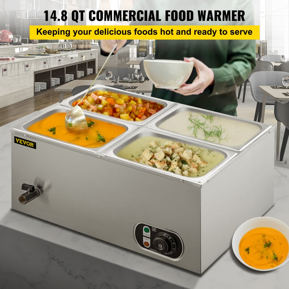 VEVOR 110V Commercial Food Warmer 4x1/4GN, 4-Pan Stainless Steel Bain Marie 14.8 Qt Capacity,1500W Steam Table 15cm/6inch Deep,Temp. Control 86-185, Electric Soup Warmer w/Lids & 2 Ladles 