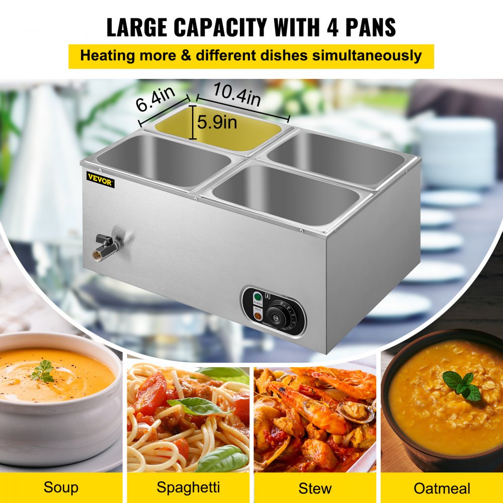 VEVOR 110V Commercial Food Warmer 4x1/4GN, 4-Pan Stainless Steel Bain Marie 14.8 Qt Capacity,1500W Steam Table 15cm/6inch Deep,Temp. Control 86-185, Electric Soup Warmer w/Lids & 2 Ladles 