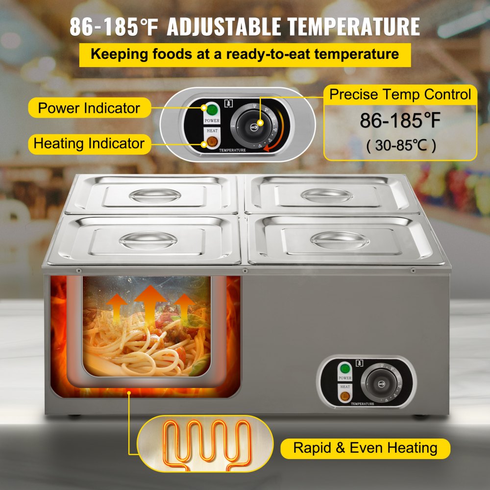 VEVOR 110V Commercial Food Warmer 4x1/4GN, 4-Pan Stainless Steel Bain Marie 14.8 Qt Capacity,1500W Steam Table 15cm/6inch Deep,Temp. Control 86-185, Electric Soup Warmer w/Lids & 2 Ladles 