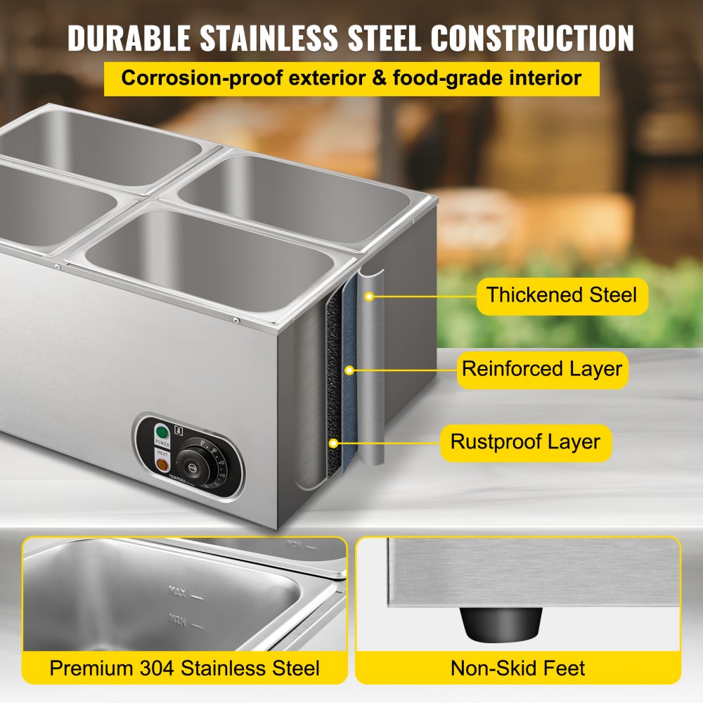 VEVOR 110V Commercial Food Warmer 4x1/4GN, 4-Pan Stainless Steel Bain Marie 14.8 Qt Capacity,1500W Steam Table 15cm/6inch Deep,Temp. Control 86-185, Electric Soup Warmer w/Lids & 2 Ladles 