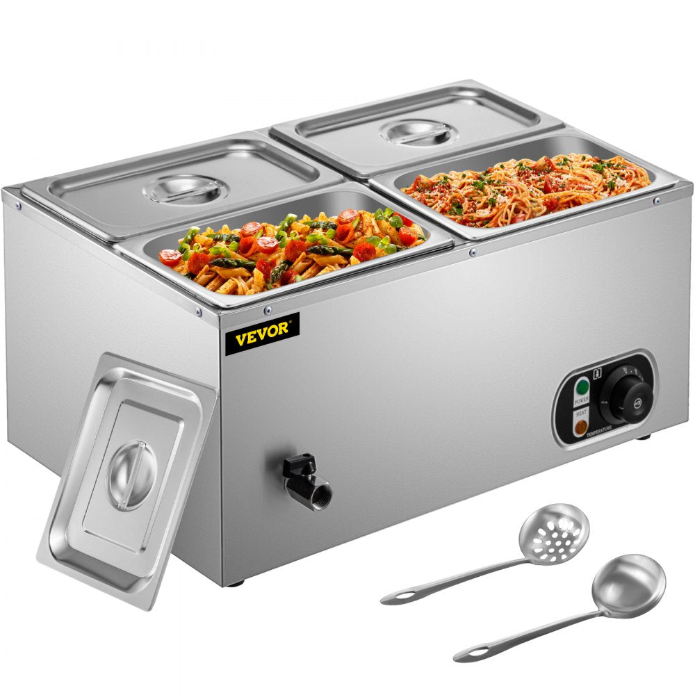 VEVOR 110V Commercial Food Warmer 4x1/4GN, 4-Pan Stainless Steel Bain Marie 14.8 Qt Capacity,1500W Steam Table 15cm/6inch Deep,Temp. Control 86-185, Electric Soup Warmer w/Lids & 2 Ladles 