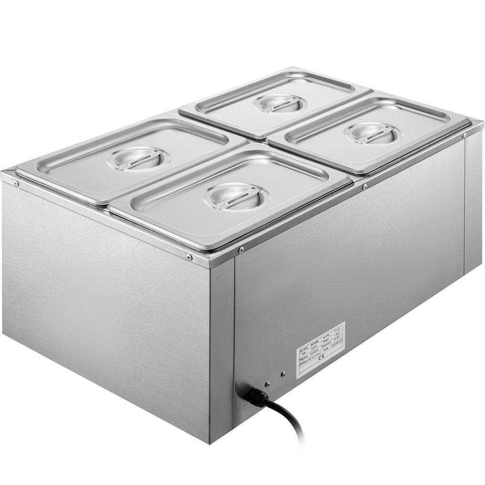 VEVOR 110V Commercial Food Warmer 4x1/4GN, 4-Pan Stainless Steel Bain Marie 14.8 Qt Capacity,1500W Steam Table 15cm/6inch Deep,Temp. Control 86-185, Electric Soup Warmer w/Lids & 2 Ladles 