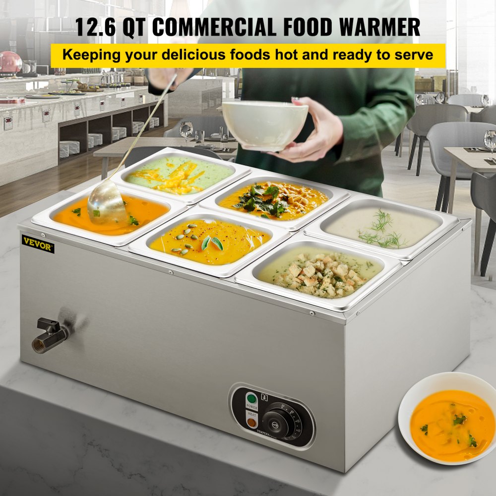 VEVOR 110V Commercial Food Warmer 6x1/6GN, 6-Pan Stainless Steel Bain Marie 12.6 Qt Capacity,1500W Steam Table 15cm/6inch Deep,Temp. Control 86-185, Electric Soup Warmer w/Lids & 2 Ladles 