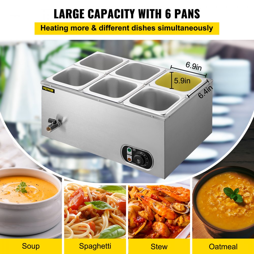 VEVOR 110V Commercial Food Warmer 6x1/6GN, 6-Pan Stainless Steel Bain Marie 12.6 Qt Capacity,1500W Steam Table 15cm/6inch Deep,Temp. Control 86-185, Electric Soup Warmer w/Lids & 2 Ladles 