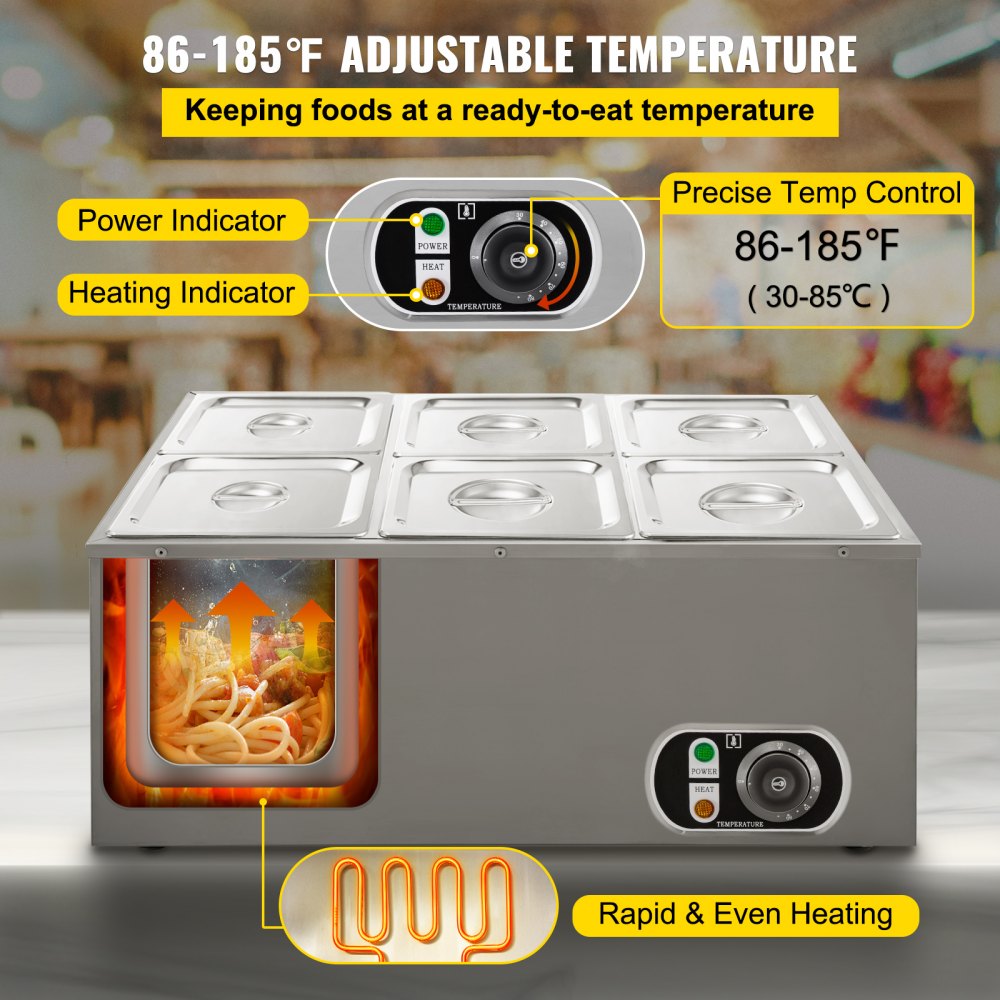 VEVOR 110V Commercial Food Warmer 6x1/6GN, 6-Pan Stainless Steel Bain Marie 12.6 Qt Capacity,1500W Steam Table 15cm/6inch Deep,Temp. Control 86-185, Electric Soup Warmer w/Lids & 2 Ladles 