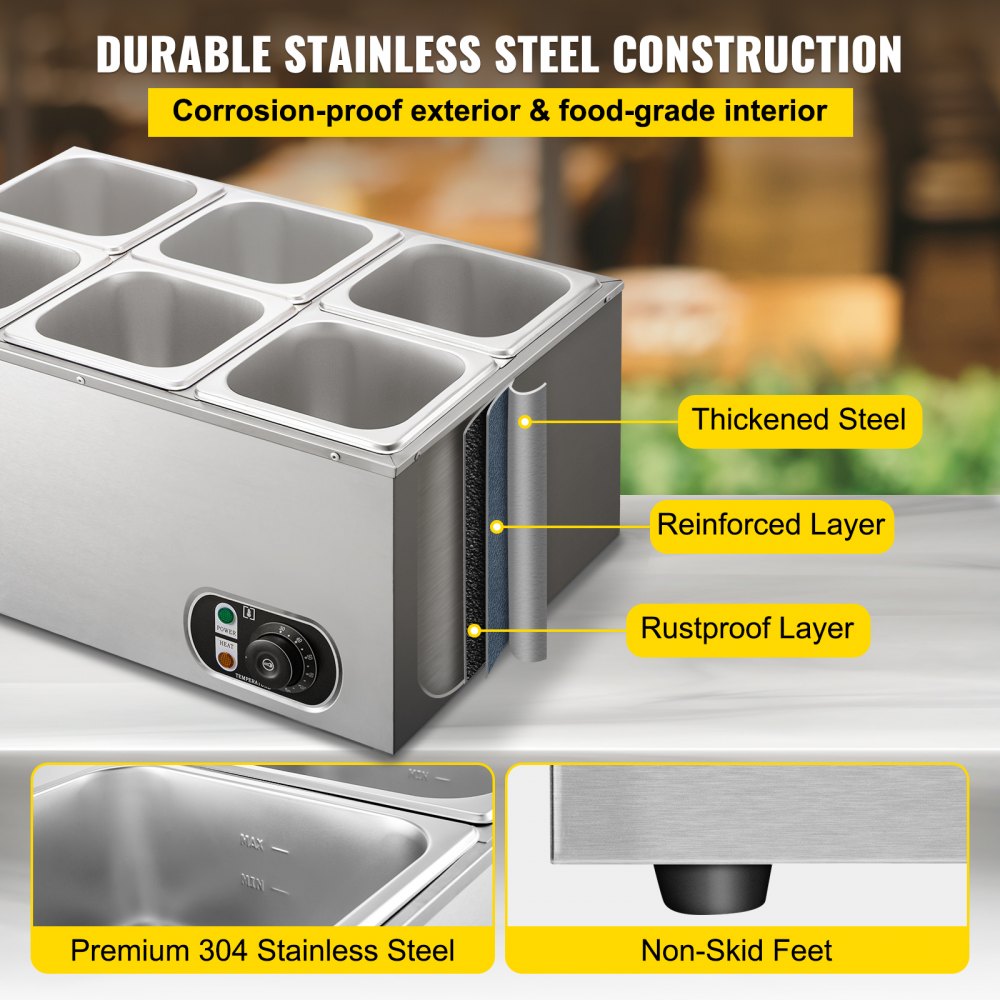 VEVOR 110V Commercial Food Warmer 6x1/6GN, 6-Pan Stainless Steel Bain Marie 12.6 Qt Capacity,1500W Steam Table 15cm/6inch Deep,Temp. Control 86-185, Electric Soup Warmer w/Lids & 2 Ladles 