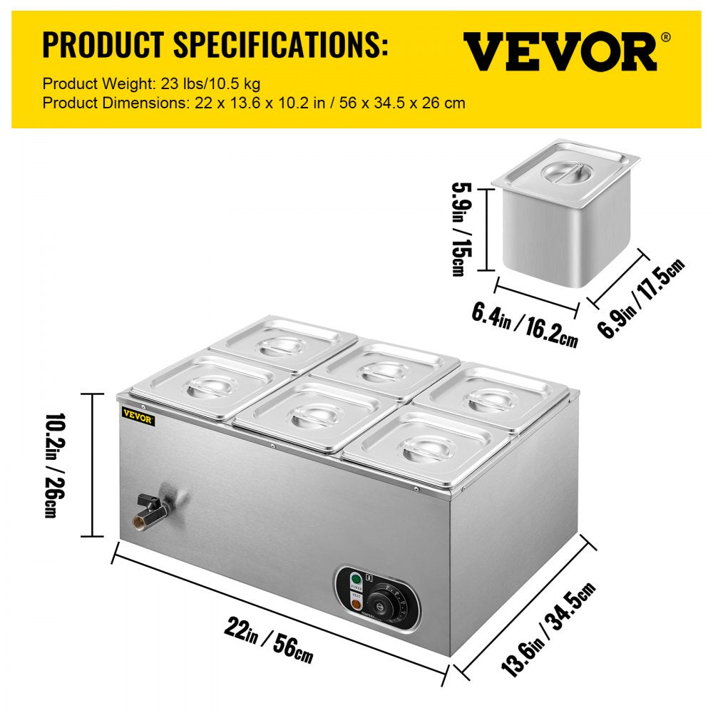 VEVOR 110V Commercial Food Warmer 6x1/6GN, 6-Pan Stainless Steel Bain Marie 12.6 Qt Capacity,1500W Steam Table 15cm/6inch Deep,Temp. Control 86-185, Electric Soup Warmer w/Lids & 2 Ladles 
