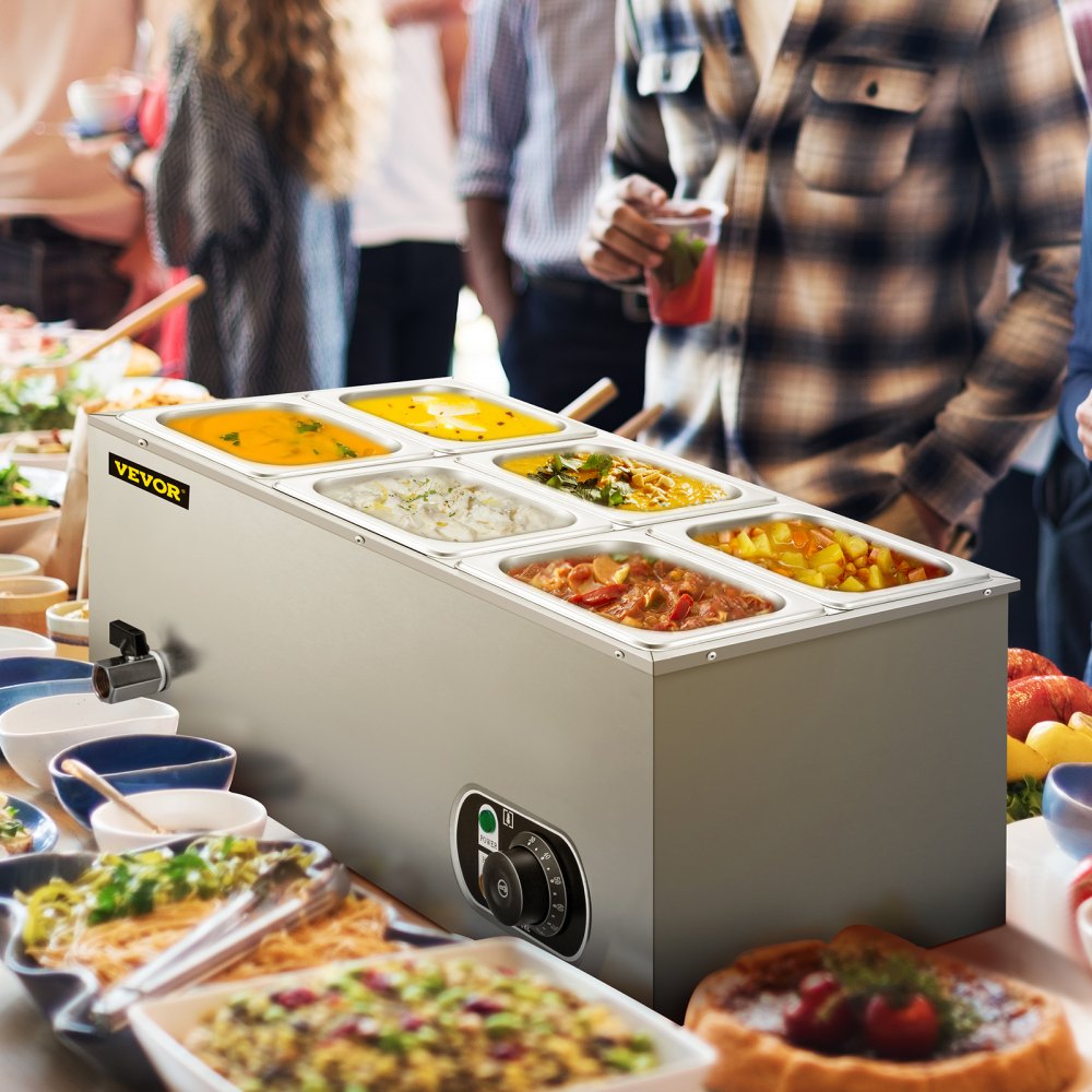 VEVOR 110V Commercial Food Warmer 6x1/6GN, 6-Pan Stainless Steel Bain Marie 12.6 Qt Capacity,1500W Steam Table 15cm/6inch Deep,Temp. Control 86-185, Electric Soup Warmer w/Lids & 2 Ladles 