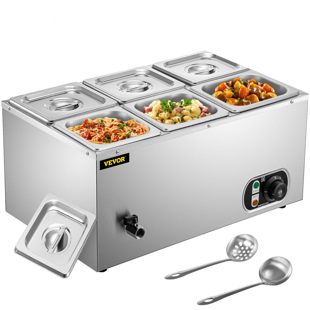 VEVOR 110V Commercial Food Warmer 6x1/6GN, 6-Pan Stainless Steel Bain Marie 12.6 Qt Capacity,1500W Steam Table 15cm/6inch Deep,Temp. Control 86-185, Electric Soup Warmer w/Lids & 2 Ladles 