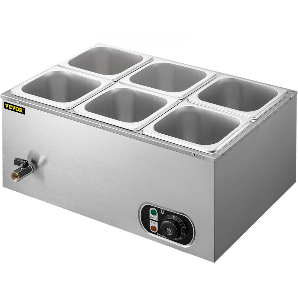 VEVOR 110V Commercial Food Warmer 6x1/6GN, 6-Pan Stainless Steel Bain Marie 12.6 Qt Capacity,1500W Steam Table 15cm/6inch Deep,Temp. Control 86-185, Electric Soup Warmer w/Lids & 2 Ladles 