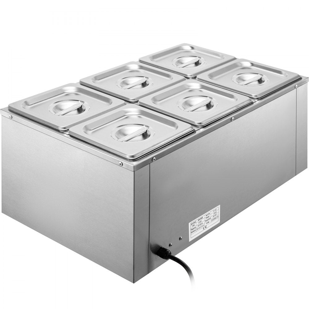 VEVOR 110V Commercial Food Warmer 6x1/6GN, 6-Pan Stainless Steel Bain Marie 12.6 Qt Capacity,1500W Steam Table 15cm/6inch Deep,Temp. Control 86-185, Electric Soup Warmer w/Lids & 2 Ladles 