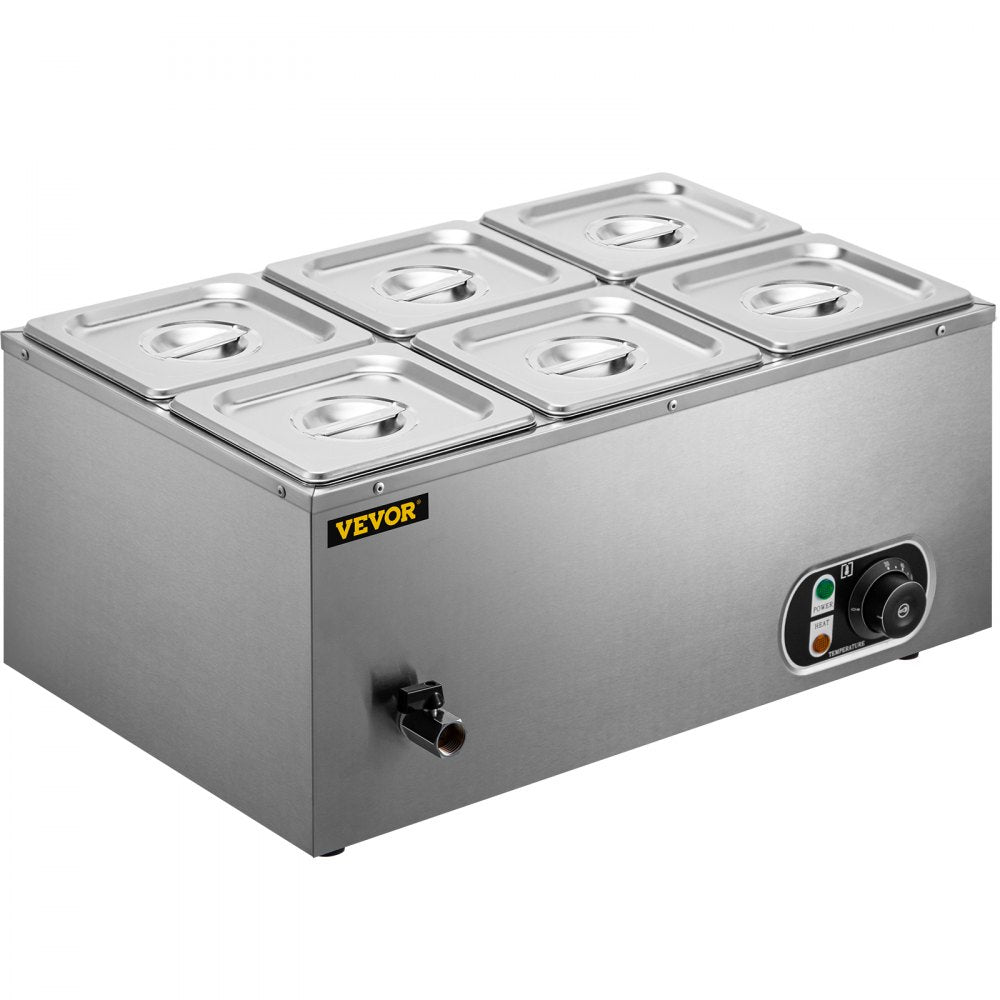 VEVOR 110V Commercial Food Warmer 6x1/6GN, 6-Pan Stainless Steel Bain Marie 12.6 Qt Capacity,1500W Steam Table 15cm/6inch Deep,Temp. Control 86-185, Electric Soup Warmer w/Lids & 2 Ladles 