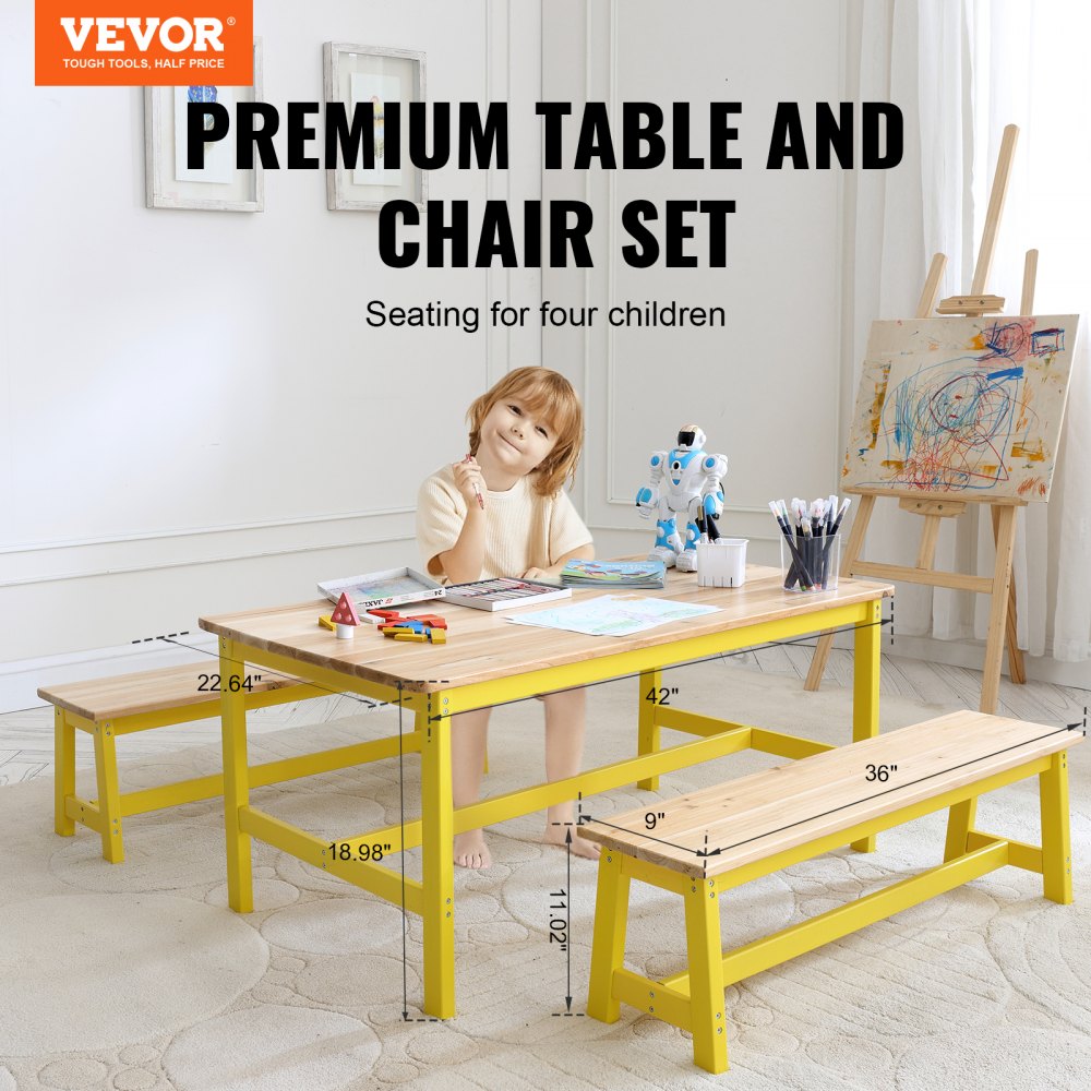 VEVOR Kids Table and Bench Set, Toddler Table and Chair Set of 3, Wood Activity Table for Art, Craft, Reading, Learning 