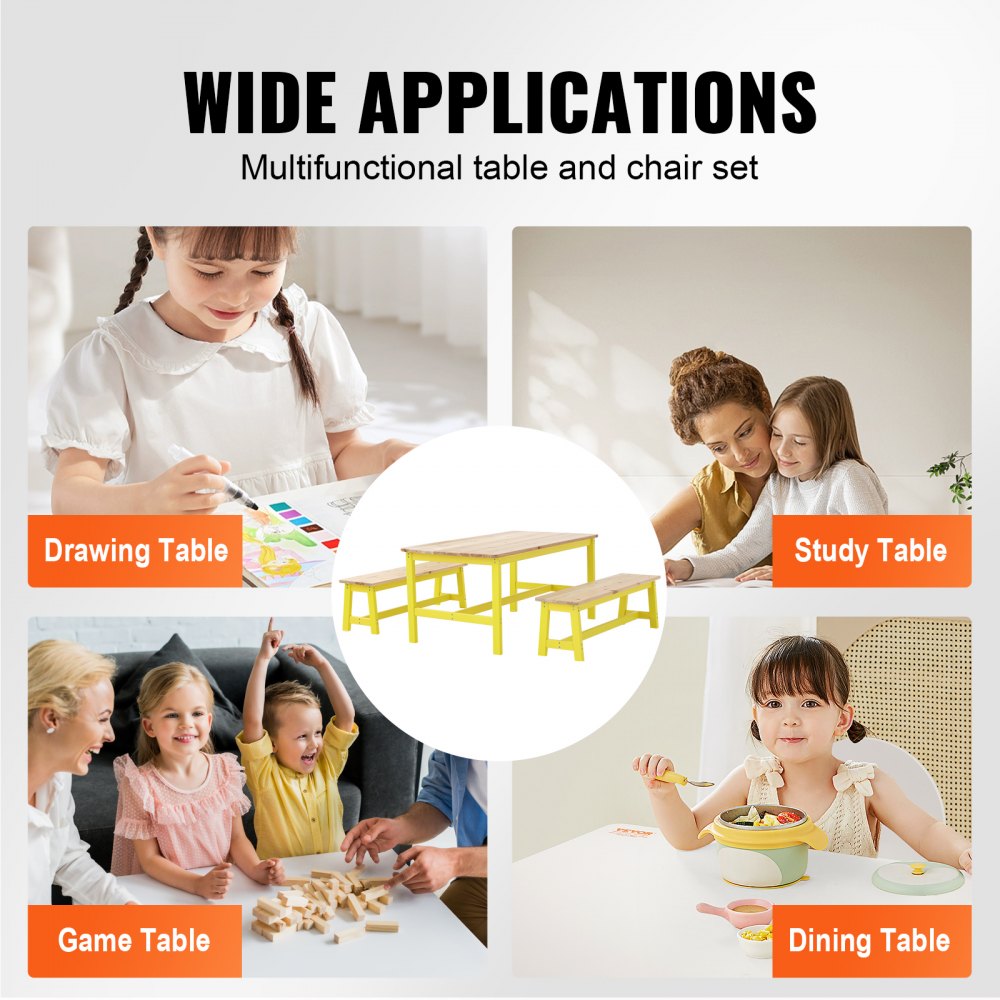 VEVOR Kids Table and Bench Set, Toddler Table and Chair Set of 3, Wood Activity Table for Art, Craft, Reading, Learning 