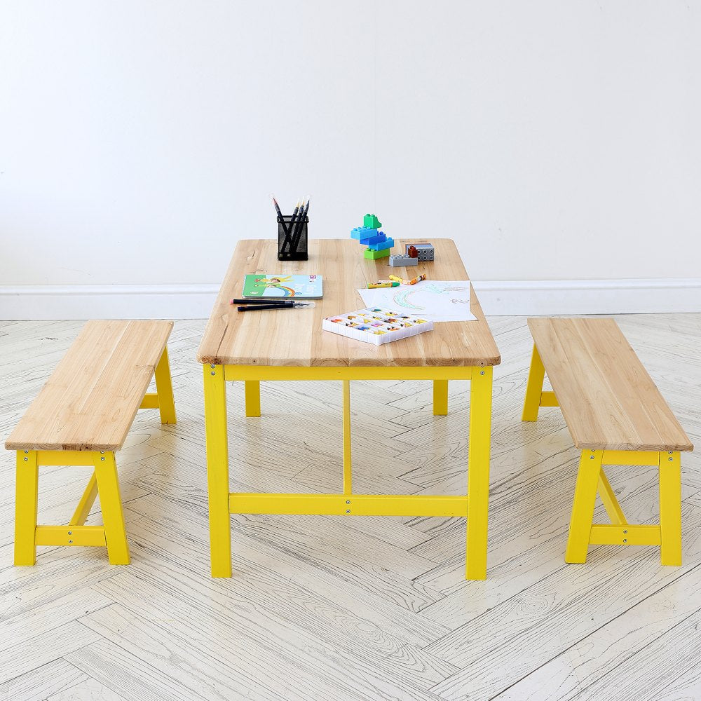 VEVOR Kids Table and Bench Set, Toddler Table and Chair Set of 3, Wood Activity Table for Art, Craft, Reading, Learning 