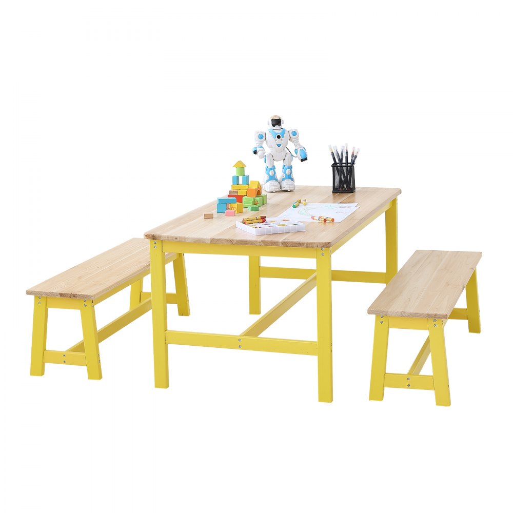 VEVOR Kids Table and Bench Set, Toddler Table and Chair Set of 3, Wood Activity Table for Art, Craft, Reading, Learning 