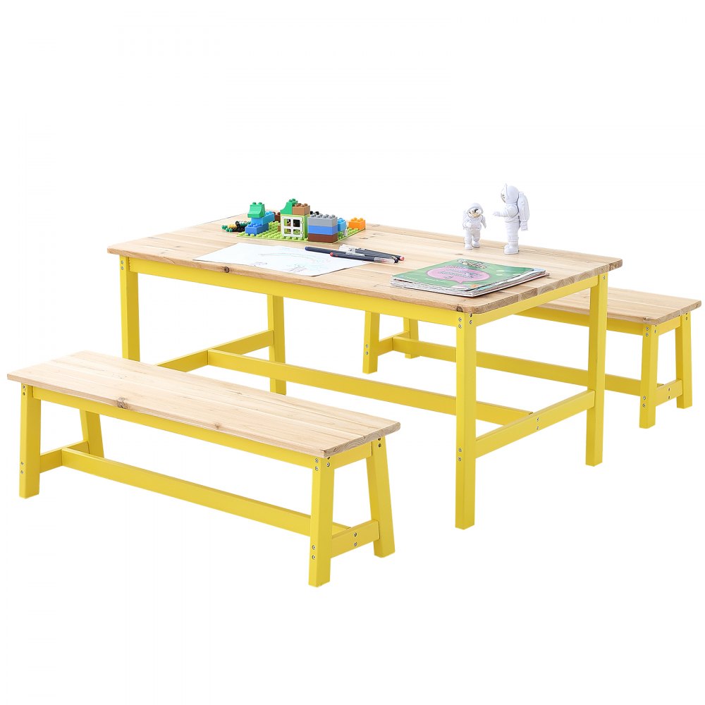 VEVOR Kids Table and Bench Set, Toddler Table and Chair Set of 3, Wood Activity Table for Art, Craft, Reading, Learning 