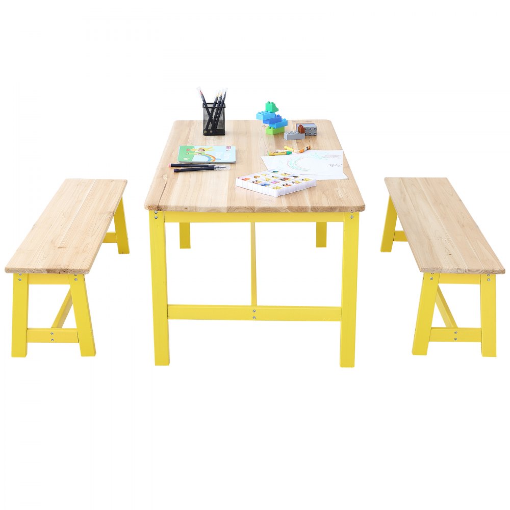 VEVOR Kids Table and Bench Set, Toddler Table and Chair Set of 3, Wood Activity Table for Art, Craft, Reading, Learning 