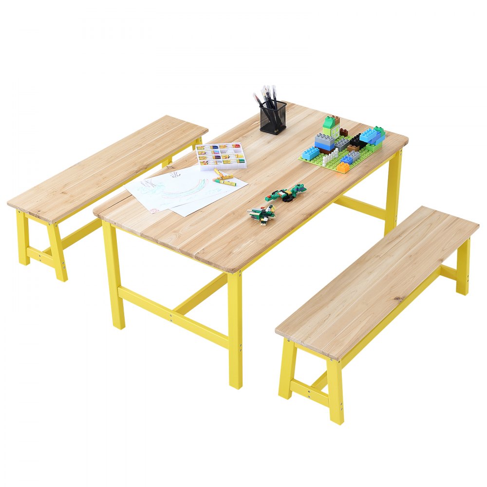 VEVOR Kids Table and Bench Set, Toddler Table and Chair Set of 3, Wood Activity Table for Art, Craft, Reading, Learning 