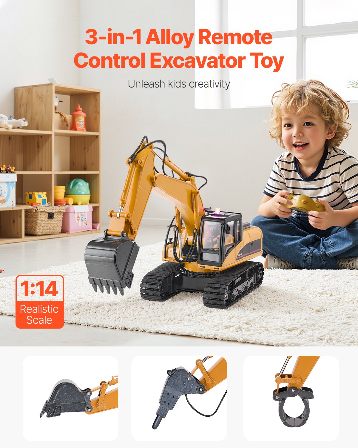 VEVOR Remote Control Excavator Toy 15 Channel 1:14 Scale RC Excavator Digger 
