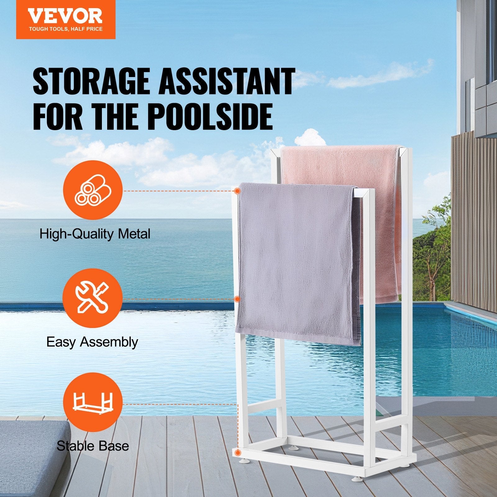 VEVOR Towel Rack 2 Bars Metal Outdoor Towel Holder for Pool Bathroom Spa White 