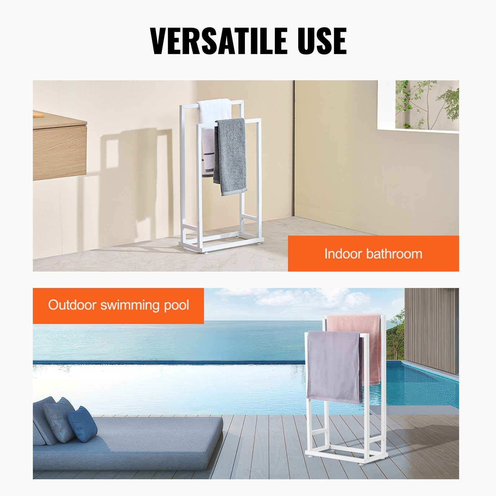 VEVOR Towel Rack 2 Bars Metal Outdoor Towel Holder for Pool Bathroom Spa White 
