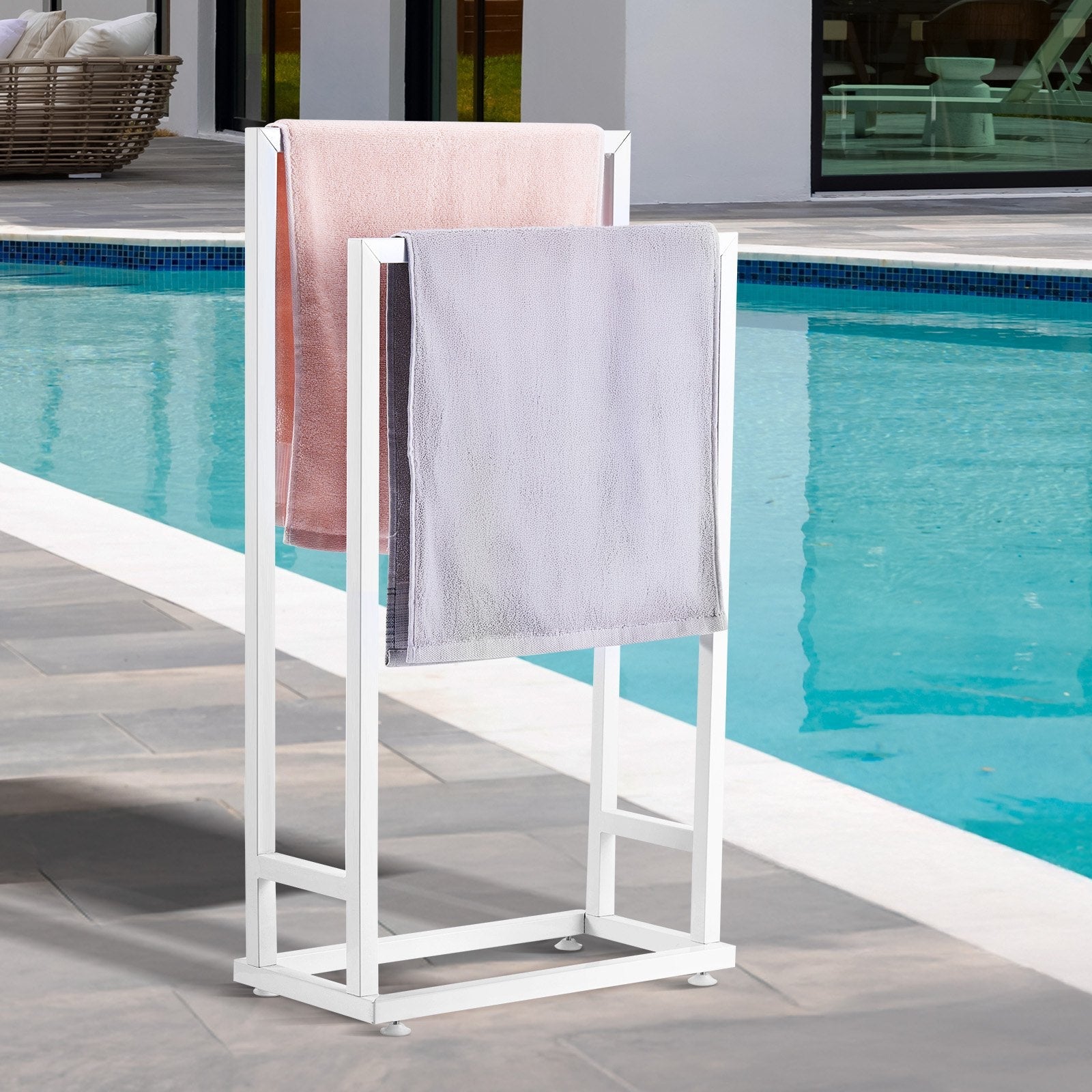 VEVOR Towel Rack 2 Bars Metal Outdoor Towel Holder for Pool Bathroom Spa White 