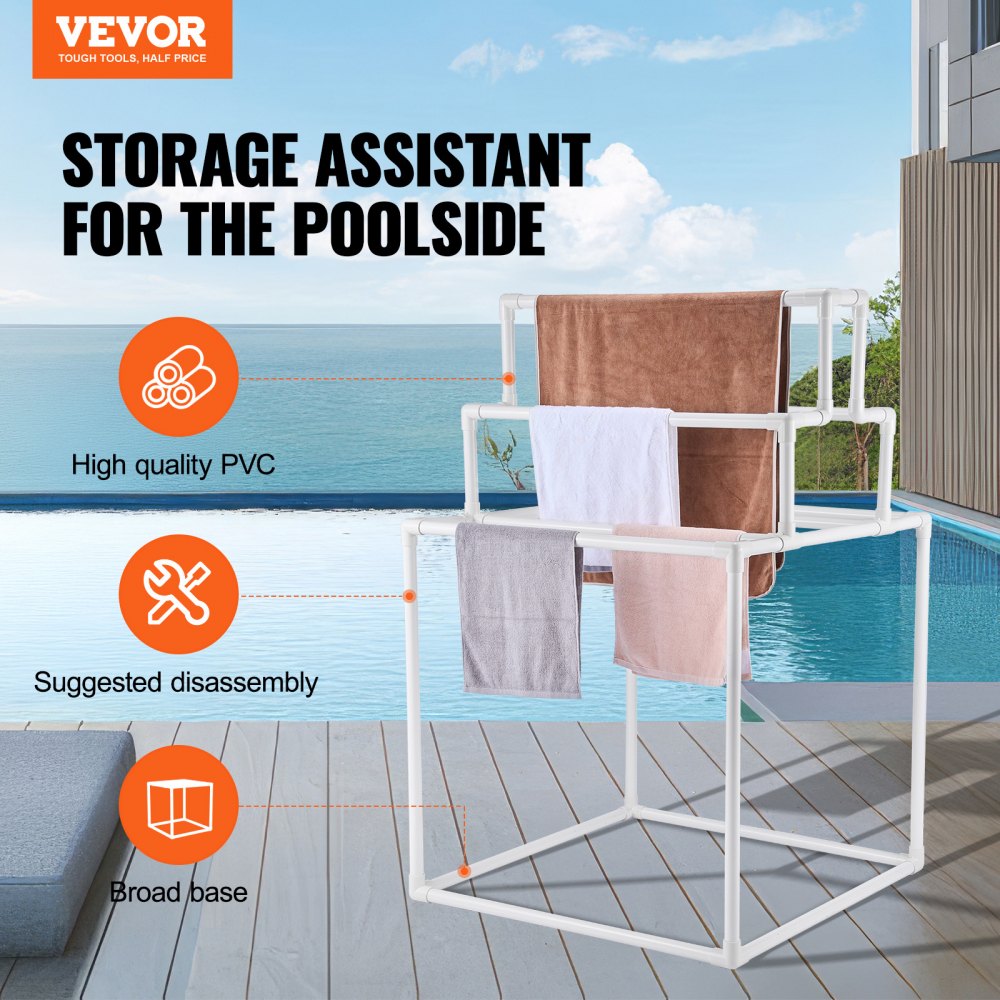 VEVOR Towel Rack 8-Bar Outdoor PVC Towel Holder for Poolside Spa Bathroom White 