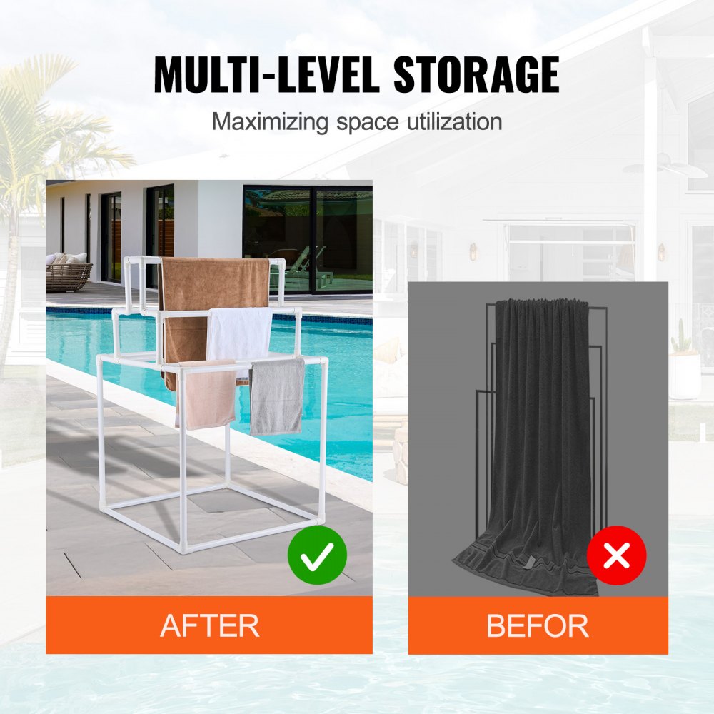 VEVOR Towel Rack 8-Bar Outdoor PVC Towel Holder for Poolside Spa Bathroom White 