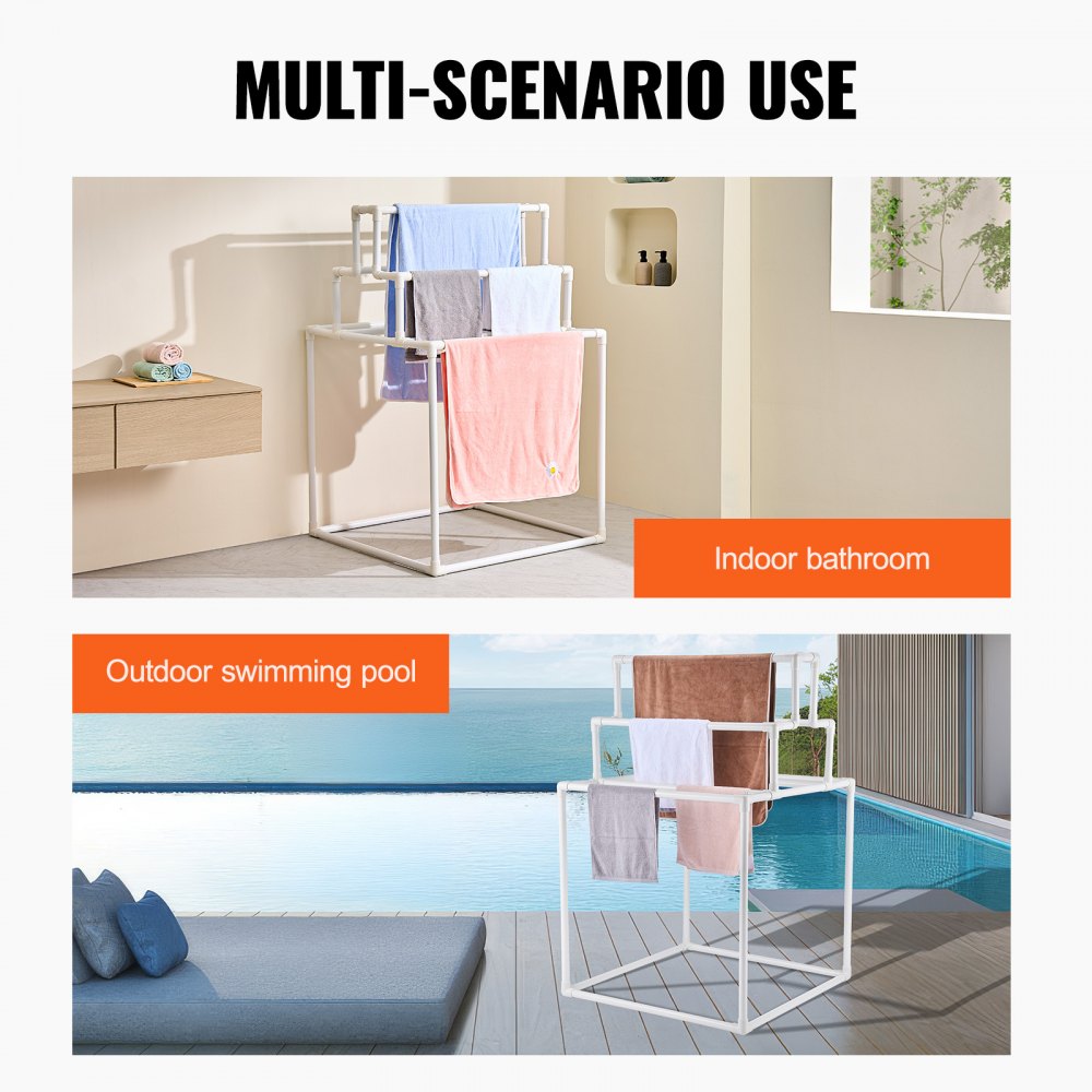 VEVOR Towel Rack 8-Bar Outdoor PVC Towel Holder for Poolside Spa Bathroom White 