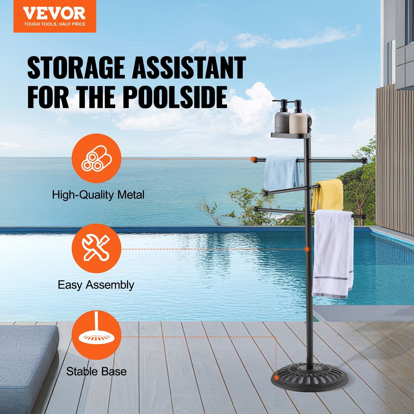 VEVOR Towel Rack 3-Bar Outdoor Towel Holder with Metal Base Pool Bath Spa Black 