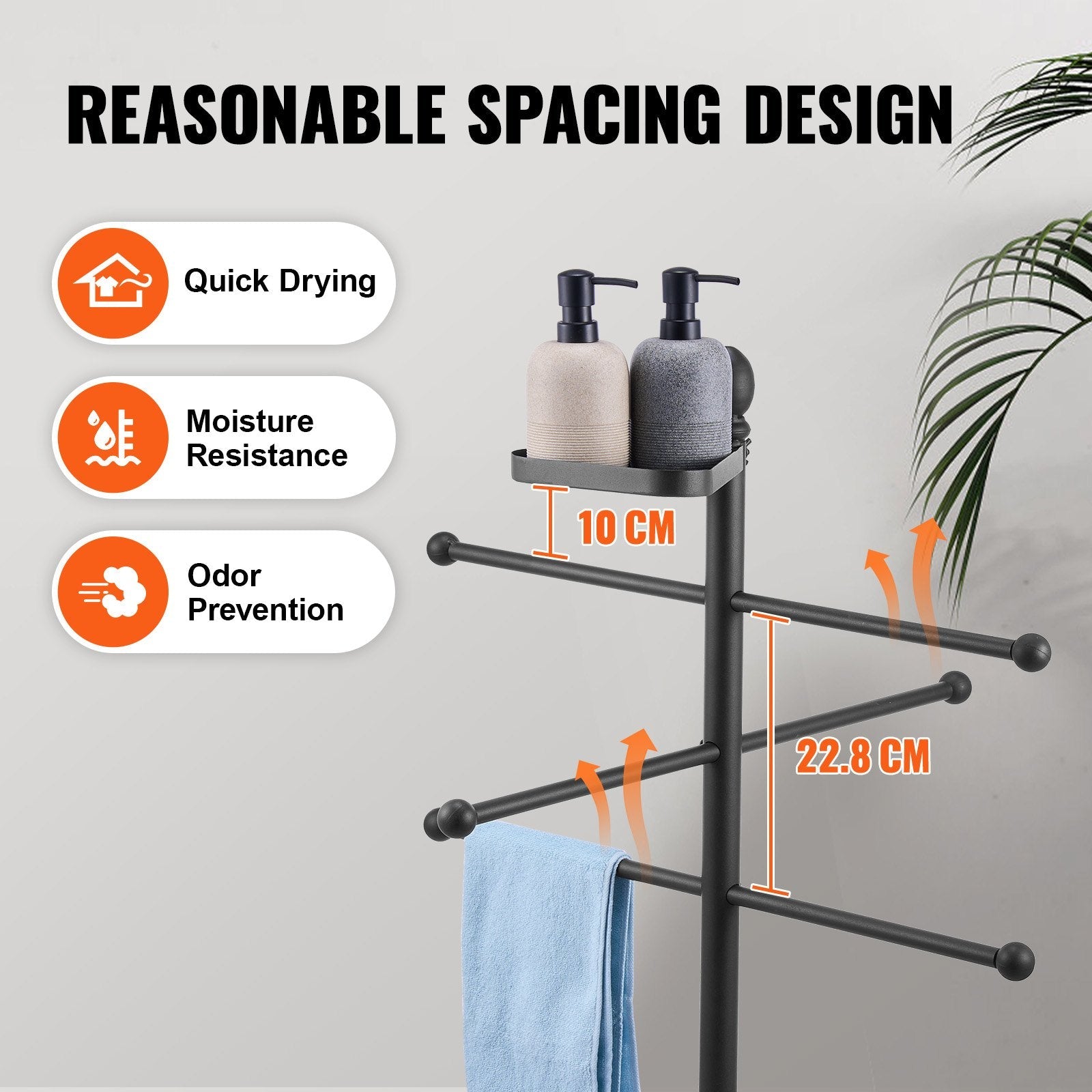 VEVOR Towel Rack 3-Bar Outdoor Towel Holder with Metal Base Pool Bath Spa Black 