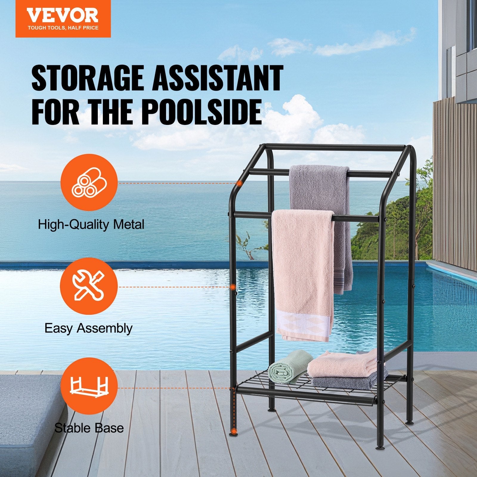 VEVOR Towel Rack 3 Bars Outdoor Towel Holder with Bottom Storage for Pool Spa 