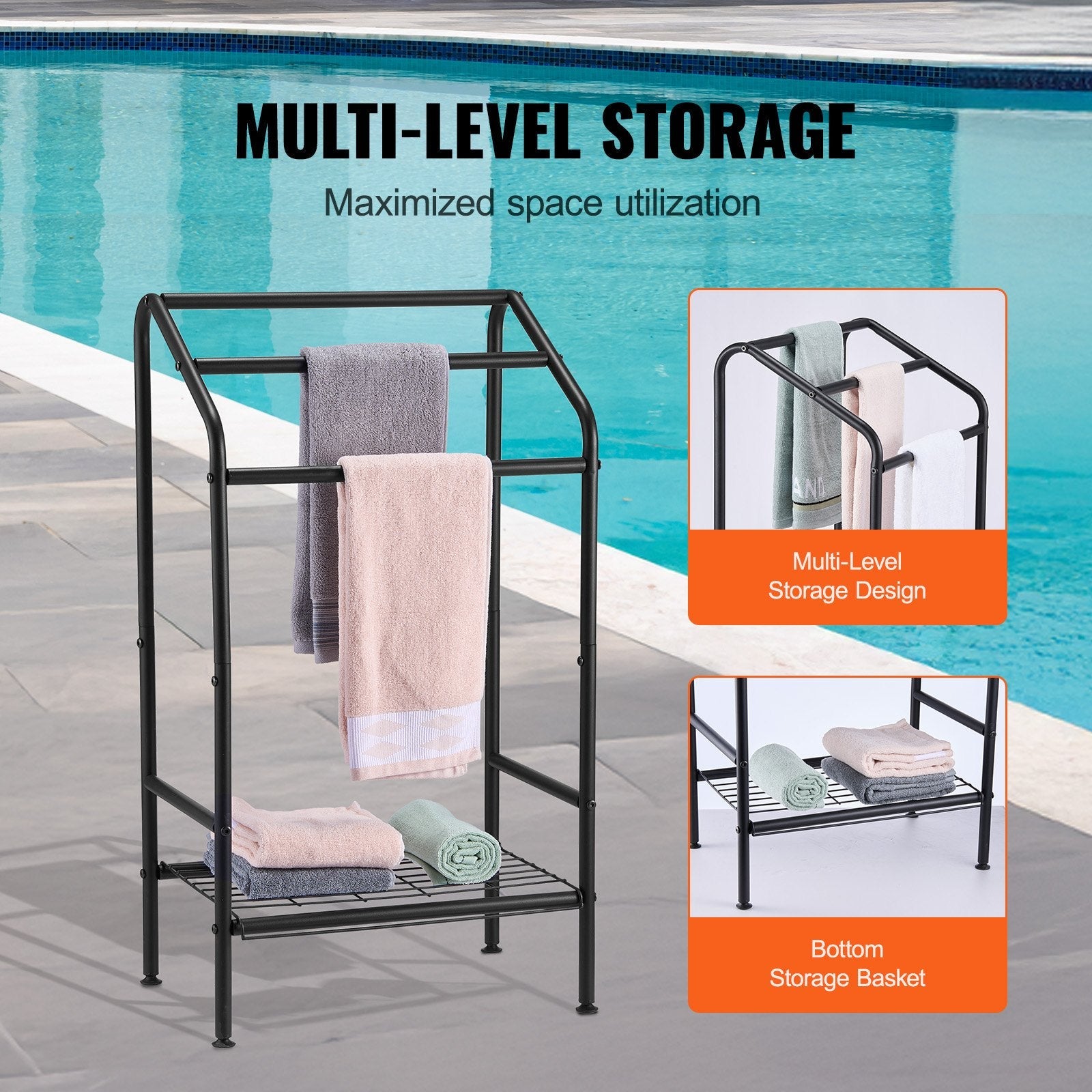 VEVOR Towel Rack 3 Bars Outdoor Towel Holder with Bottom Storage for Pool Spa 