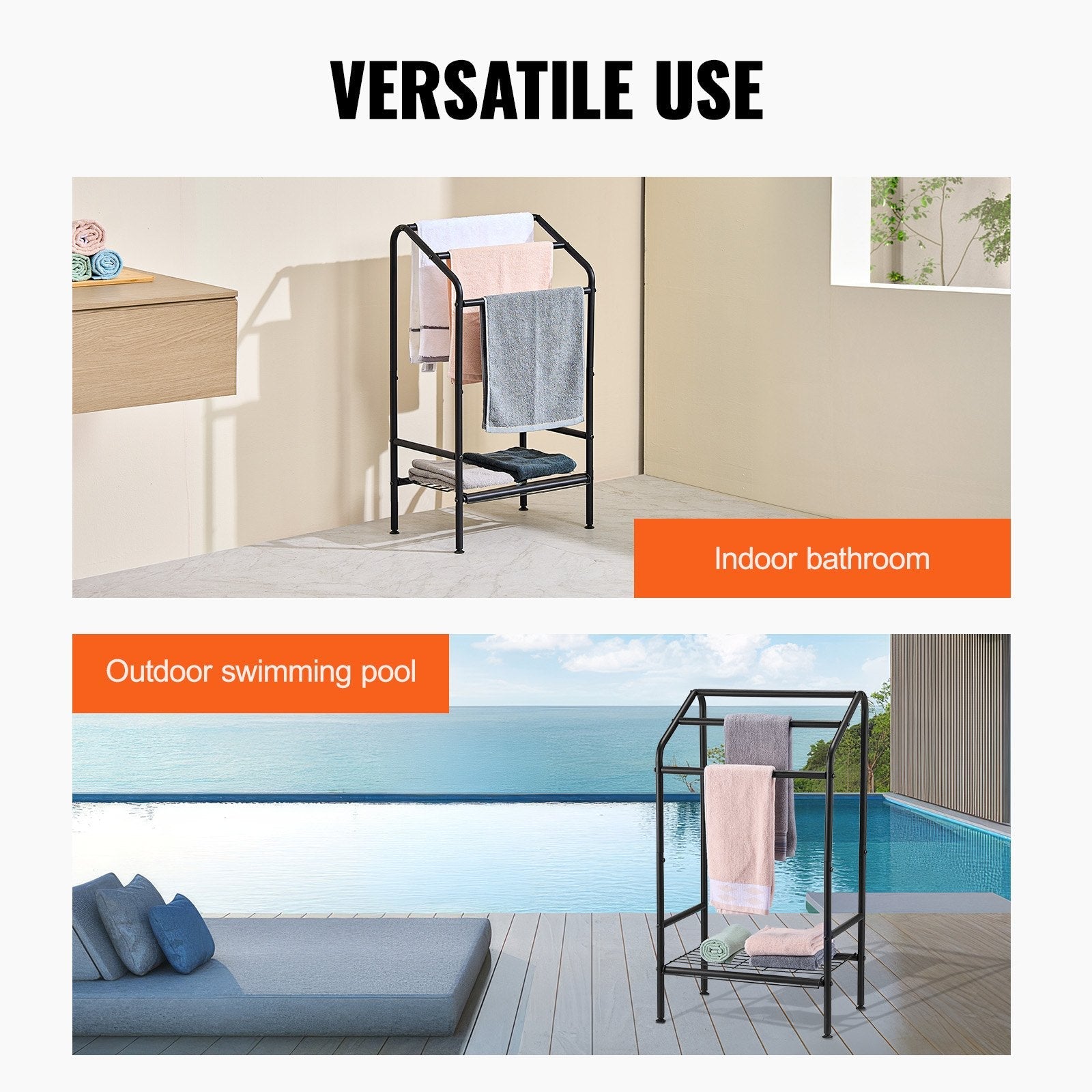 VEVOR Towel Rack 3 Bars Outdoor Towel Holder with Bottom Storage for Pool Spa 