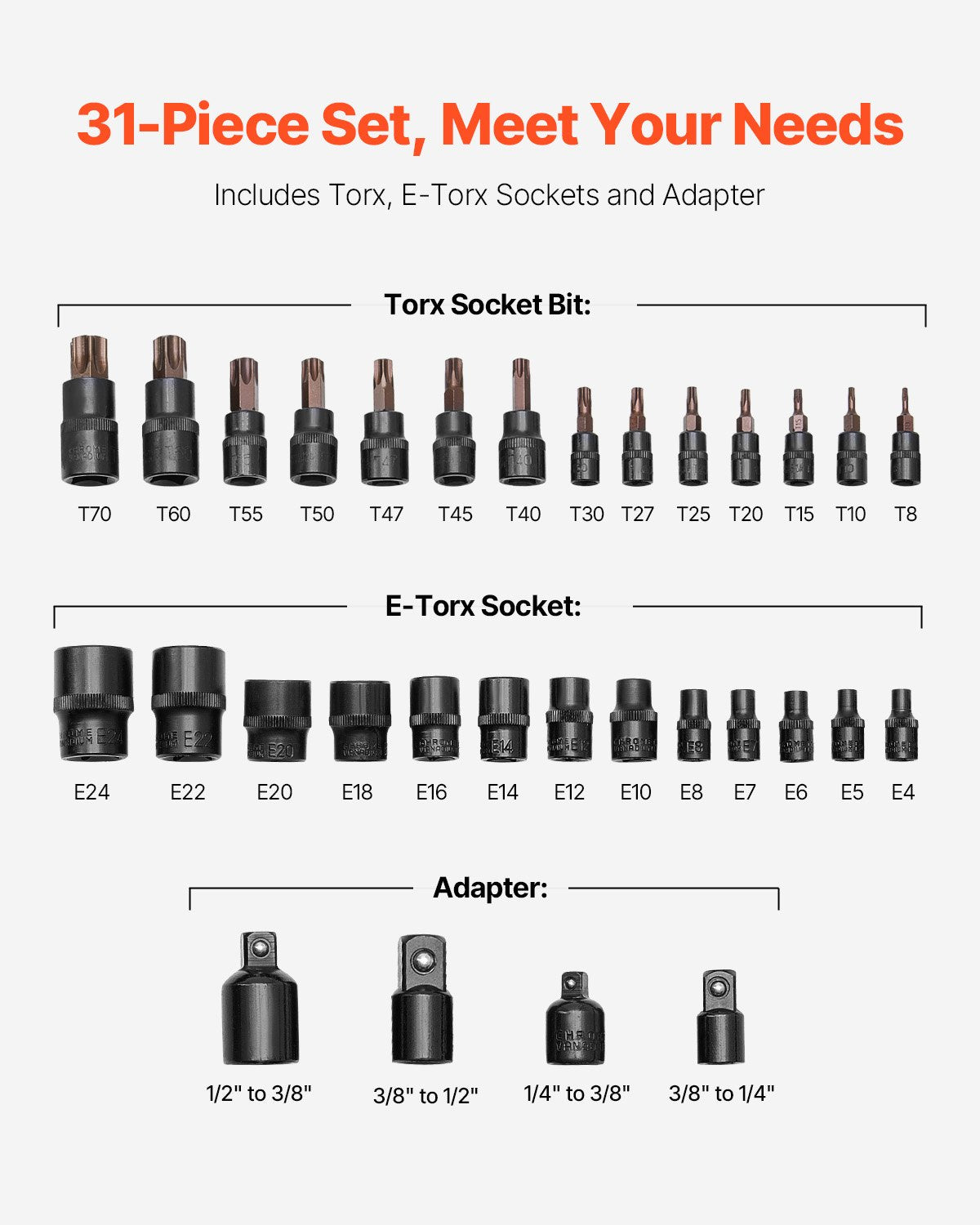 Torx Bit Socket and External Torx Socket Set 31-Piece T8-T70 and E4-E24 Steel 