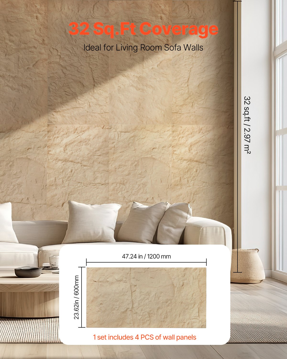 VEVOR 3D Wall Panels 4 Pack 48x24'' PU Stone-Look 32 Sq.Ft Coverage Stone Yellow 