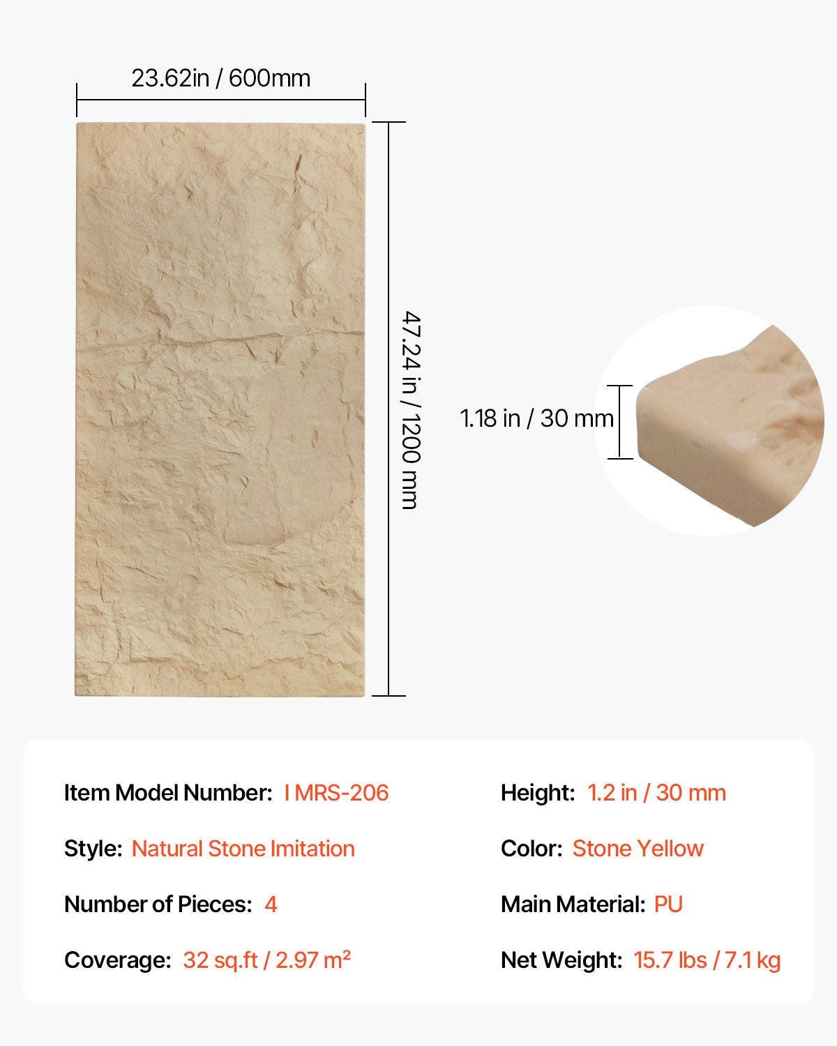 VEVOR 3D Wall Panels 4 Pack 48x24'' PU Stone-Look 32 Sq.Ft Coverage Stone Yellow 