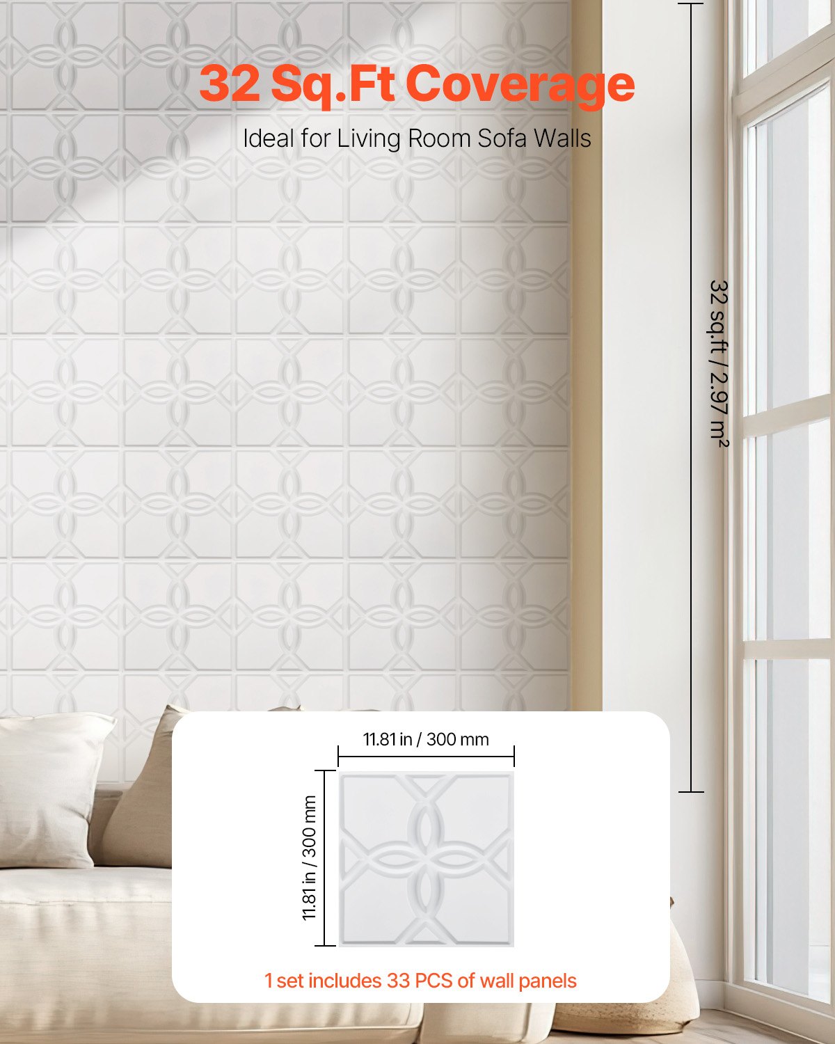 VEVOR 3D Wall Panels 33-Pack 11.81x11.81'' PVC 32 Sq.Ft Coverage Floral White 
