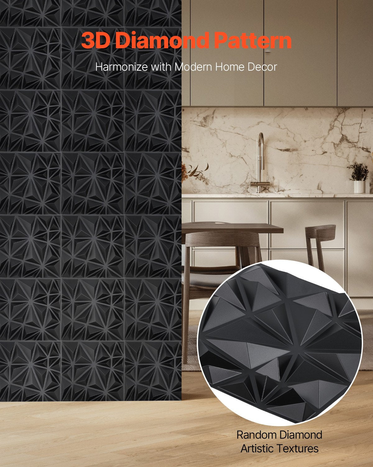 VEVOR 3D Wall Panels 33-Pack 11.81x11.81'' PVC 32 Sq.Ft Coverage Diamond Black 