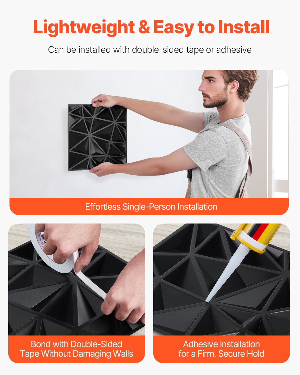VEVOR 3D Wall Panels 33-Pack 11.81x11.81'' PVC 32 Sq.Ft Coverage Diamond Black 