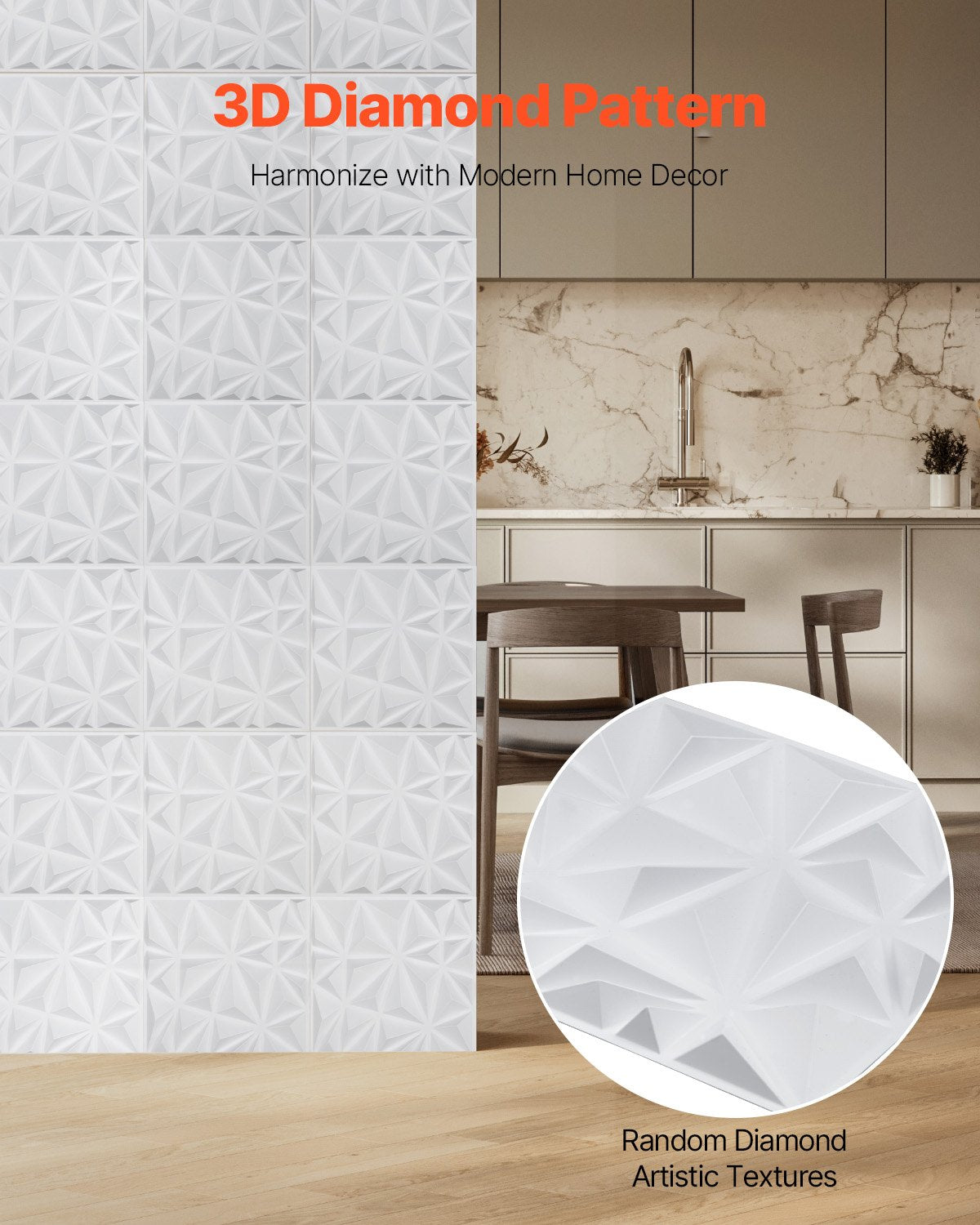 VEVOR 3D Wall Panels 33-Pack 11.81x11.81'' PVC 32 Sq.Ft Coverage Diamond White 