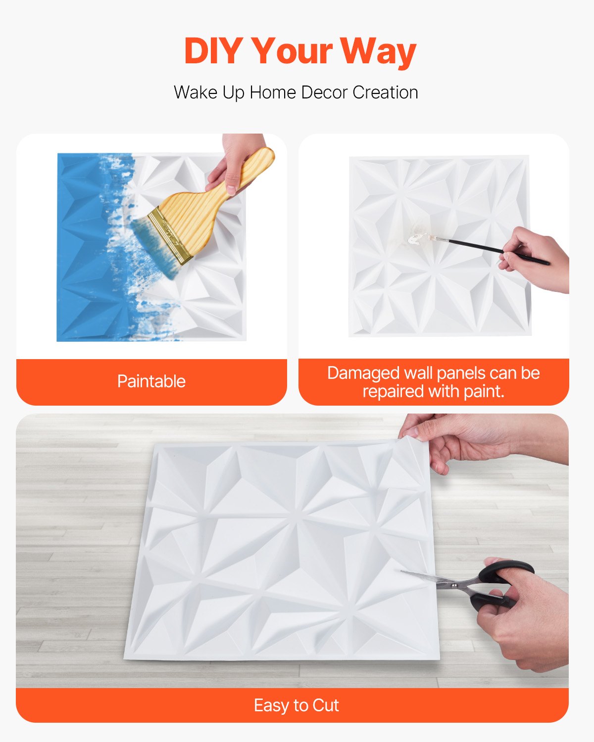 VEVOR 3D Wall Panels 33-Pack 11.81x11.81'' PVC 32 Sq.Ft Coverage Diamond White 